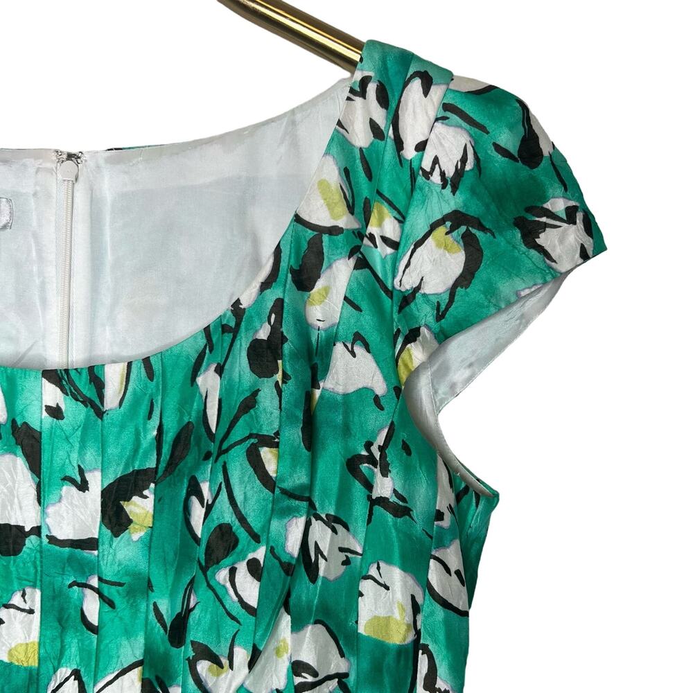 Kay Unger Dress Green Silk Cotton Blend Floral Fit Flare Scoop Neck Size 12 - Picture 5 of 13